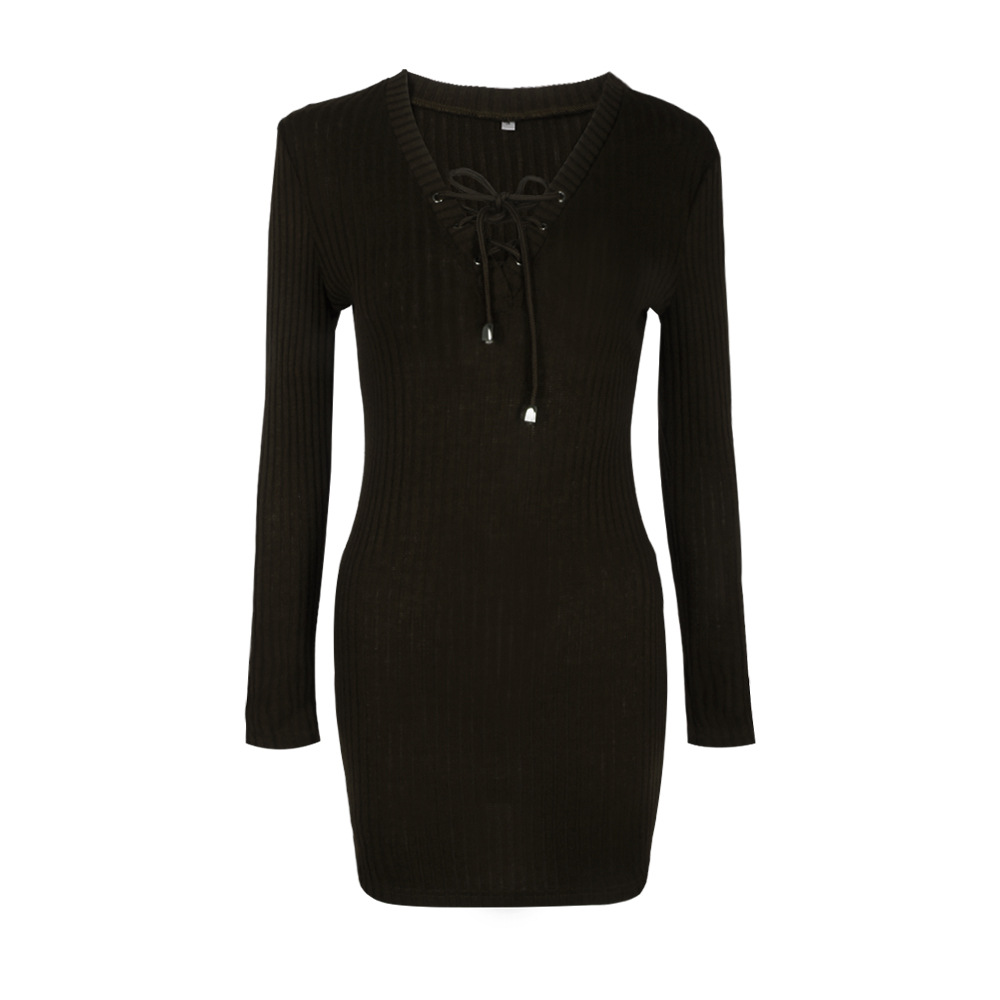 W25038-1  Black Plain Drawstring V neck Long Sleeve Mini Dress